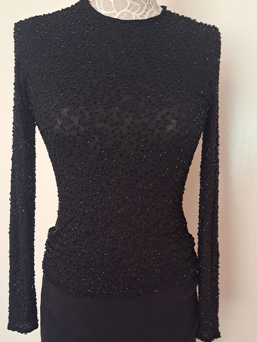 Vintage 80s 90s Black Beaded Long Sleeve Top Frech Care Label Heavy Glass Beads